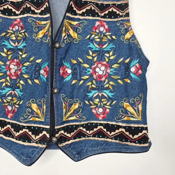Hairston Roberson Ropa Embroidered Denim Vest Sequin Floral Western Boho Medium - Picture 2 of 6